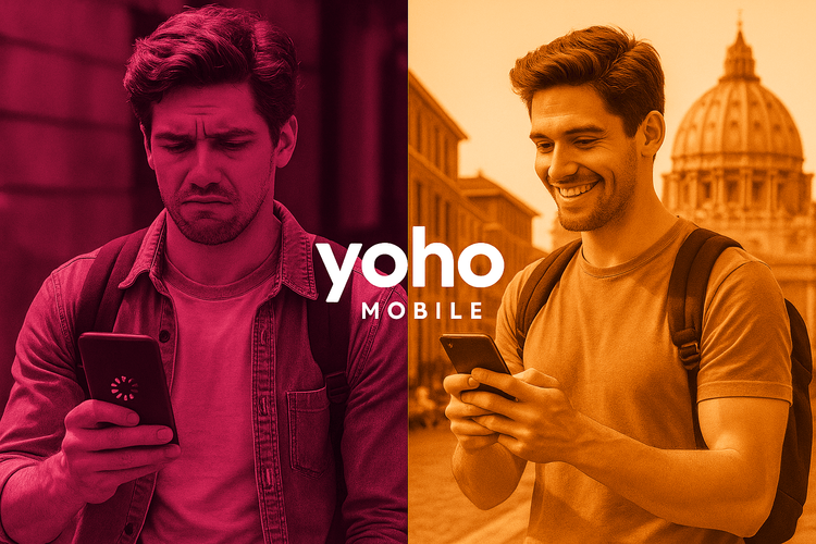 A visual comparison of a frustrated traveler with slow T-Mobile roaming versus a happy traveler with a fast Yoho Mobile eSIM.