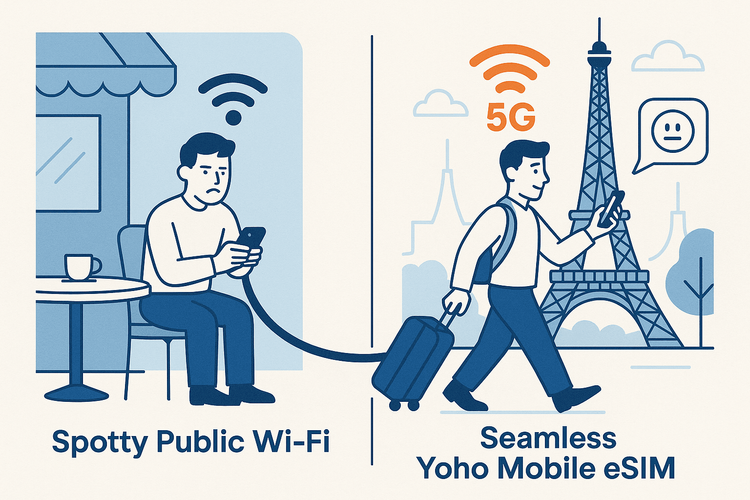 An illustration comparing the unreliability of public Wi-Fi to the seamless connectivity of a Yoho Mobile eSIM for using AI travel tools.