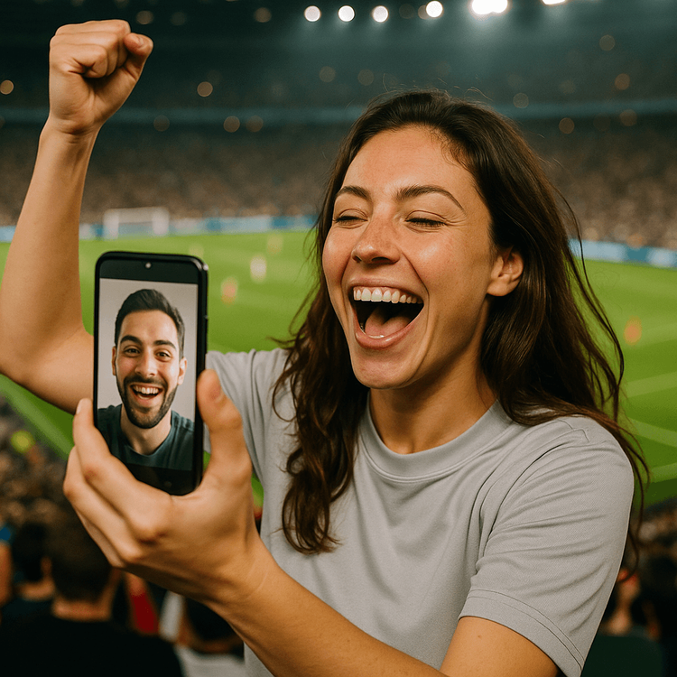 A football fan in a stadium uses her phone with a reliable Yoho Mobile eSIM connection to video call a friend and share the excitement of the match.