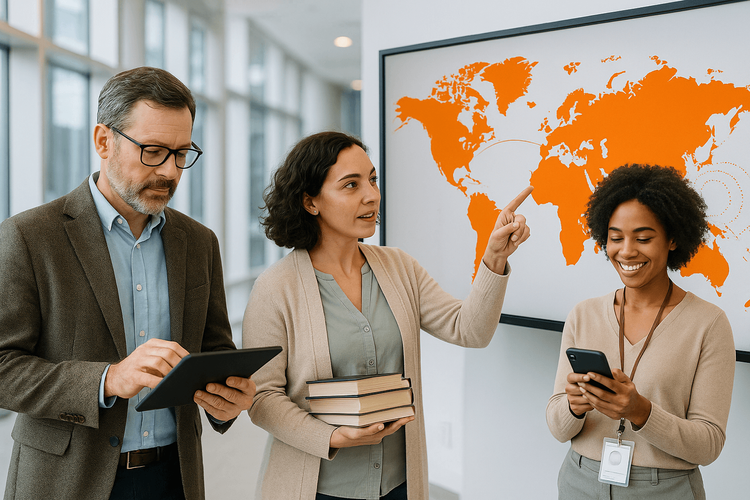 A diverse group of educators using tablets and phones to collaborate on international academic work, highlighting the need for global connectivity.