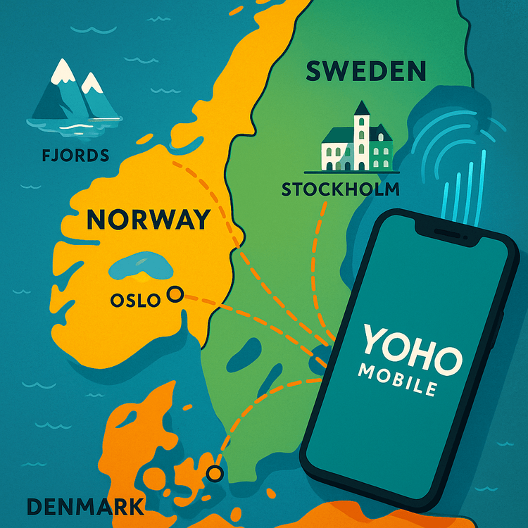 Stylized map of Scandinavia showing seamless connectivity between Norway, Sweden, and Denmark with a Yoho Mobile eSIM.