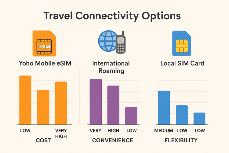 Infographic comparing Yoho Mobile eSIM, International Roaming, and Local SIMs on cost, convenience, and flexibility for travelers.