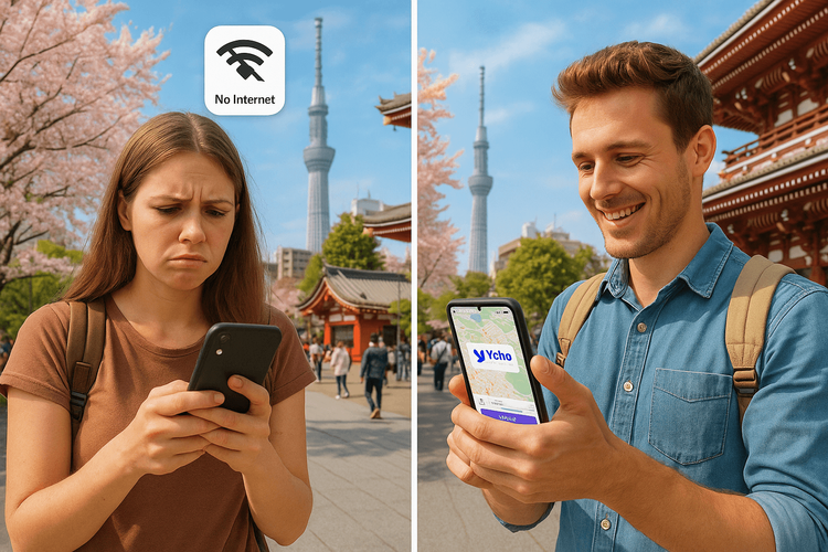 Comparison of a frustrated traveler with no data and a happy traveler using a Yoho Mobile eSIM.