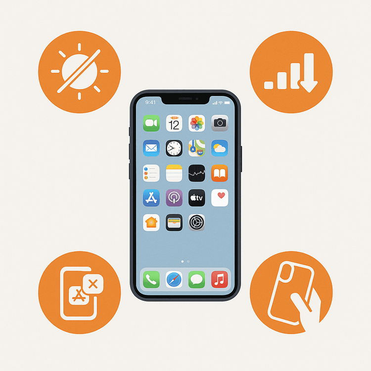 Infographic showing four tips to cool down an overheating phone: get out of the sun, find better signal, close apps, and remove the case.