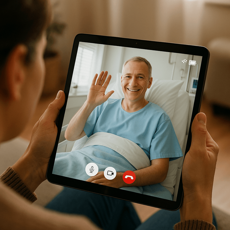 A patient in a hospital bed having a reassuring video call with their family, demonstrating the importance of staying connected during medical travel.