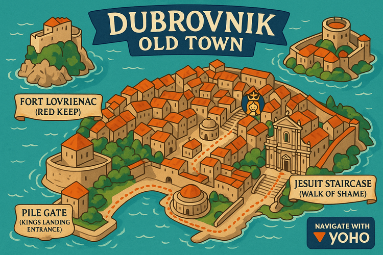 An illustrative map of Game of Thrones filming locations in Dubrovnik, navigated with Yoho Mobile.