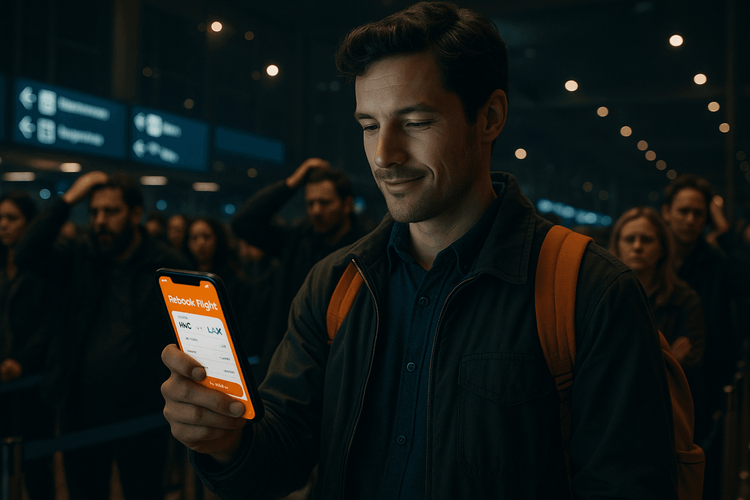 A traveler calmly using their smartphone with a reliable data plan to rebook a flight after a cancellation in a chaotic airport.