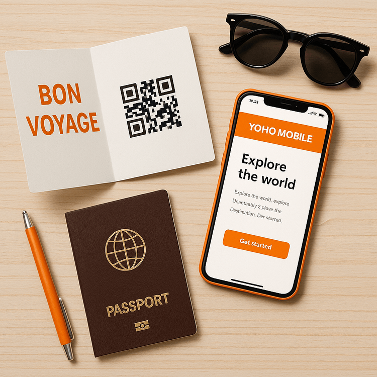 A flat lay showing how to gift a Yoho Mobile eSIM with a greeting card, passport, and smartphone.