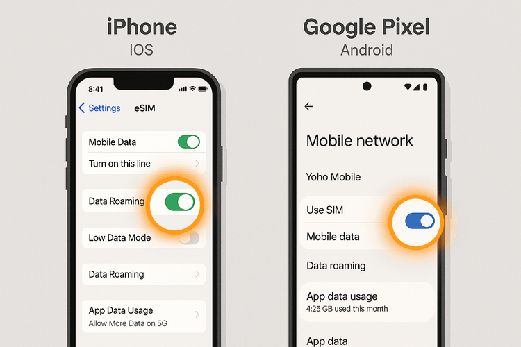 Side-by-side guide showing how to enable data roaming for an eSIM on both iOS and Android devices.