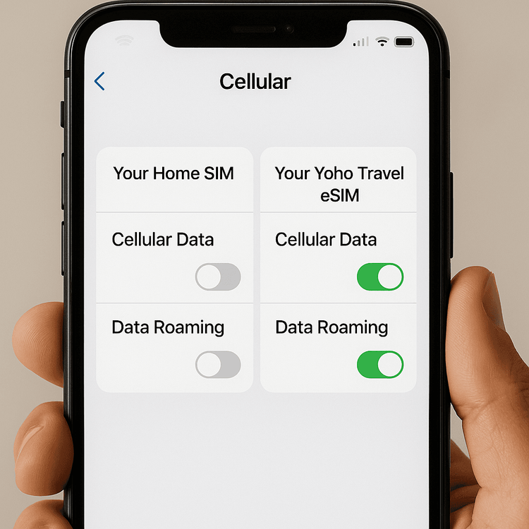 A phone settings screen showing Data Roaming ON for the Yoho Mobile travel eSIM and OFF for the home SIM.