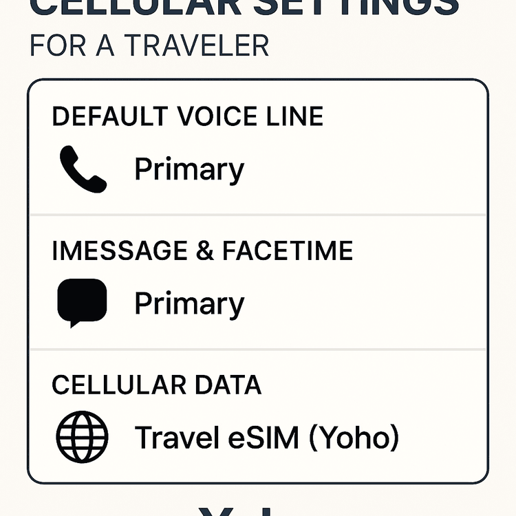 Infographic illustrating the correct iPhone cellular settings for using a travel eSIM for data while keeping the primary number for calls and messages.