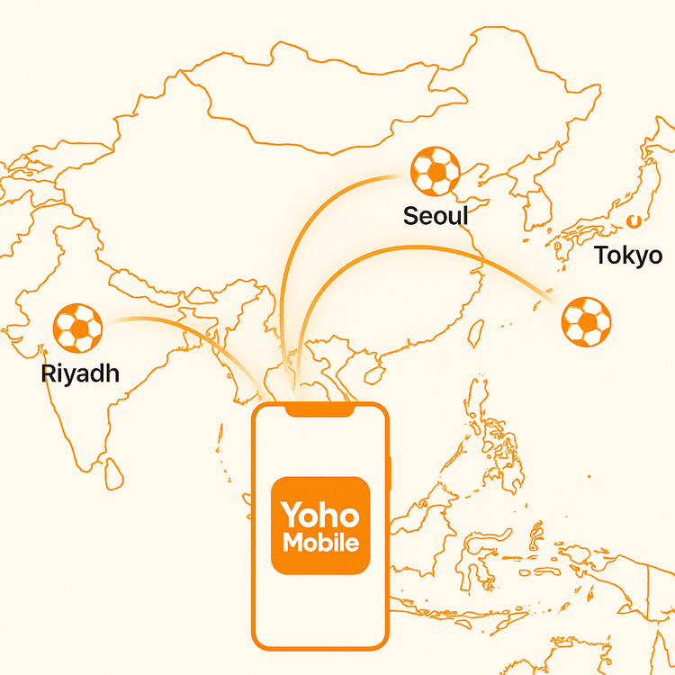 A map illustrating Yoho Mobile's seamless eSIM connectivity across Asia for the AFC Champions League.