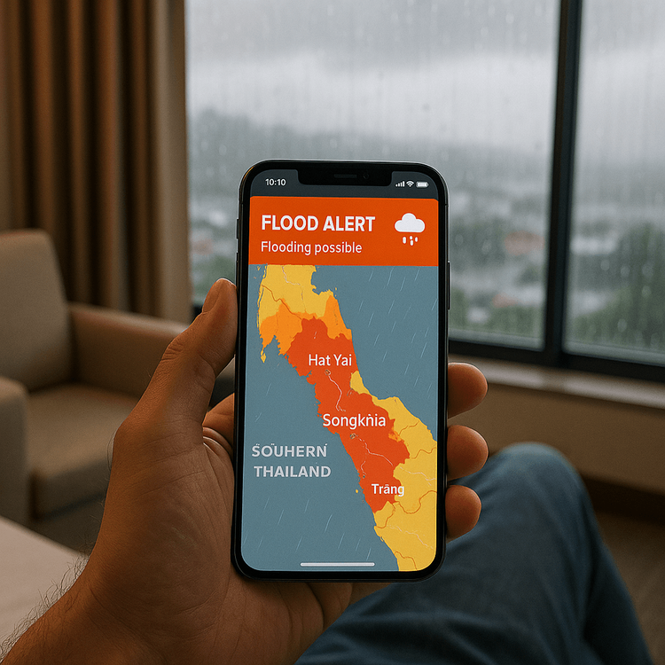 A tourist safely checking a flood advisory map for southern Thailand on their smartphone.