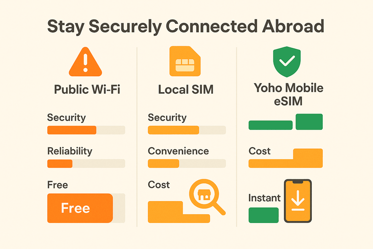 An infographic comparing the security, convenience, and cost of Public Wi-Fi, Local SIM cards, and Yoho Mobile eSIM for international travel.