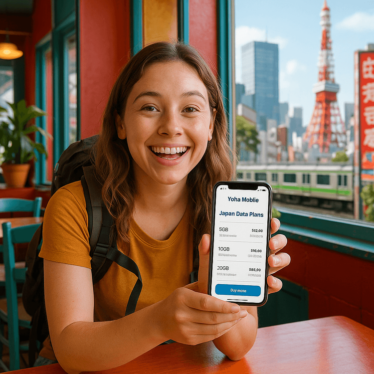A happy traveler in a Tokyo cafe easily selecting a Yoho Mobile eSIM data plan on her smartphone.
