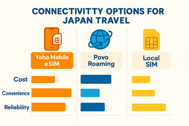 Comparison chart of Yoho Mobile eSIM, Povo Roaming, and Local SIMs for travel in Japan, highlighting cost, convenience, and reliability.