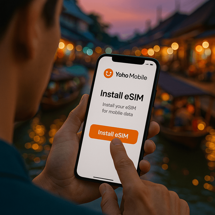 A traveler easily installing a Yoho Mobile eSIM on their smartphone while in a bustling market.