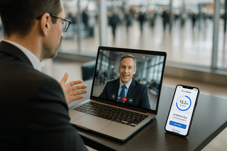A business traveler using a Yoho Mobile eSIM for a stable video conference call in an airport lounge.