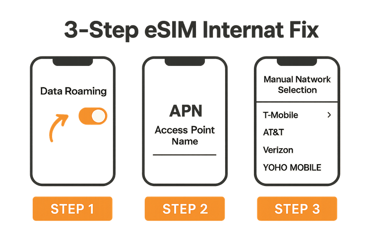 Infographic showing the 3-step checklist to fix eSIM internet issues: enabling data roaming, checking APN settings, and selecting a network.