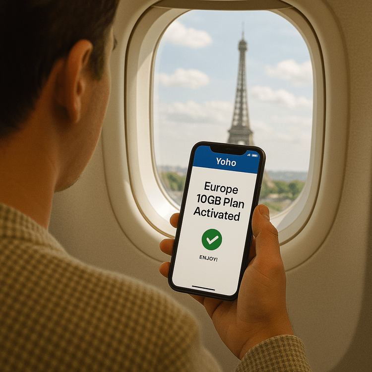ヨーロッパ旅行用にYoho MobileのeSIMを有効にし、到着後すぐに使える状態のスマートフォンを持つ旅行者。