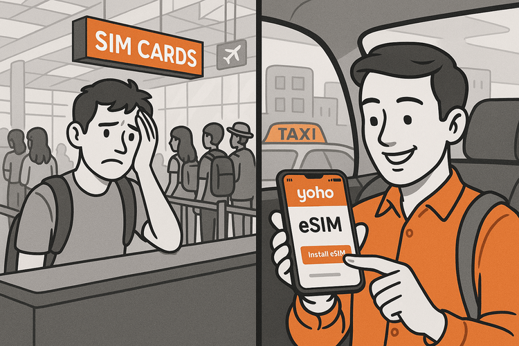 An illustration comparing the hassle of queuing for a local SIM card at the airport with the ease of installing a Yoho Mobile eSIM instantly upon arrival.