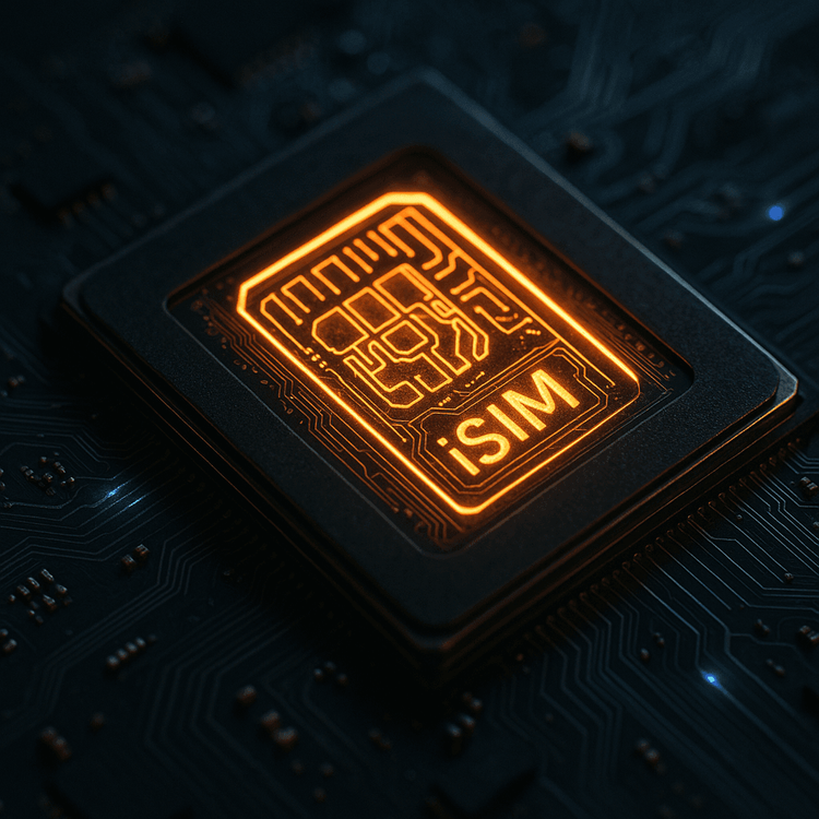 A futuristic depiction of an iSIM integrated directly into a glowing System-on-a-Chip.