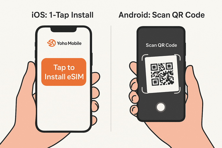 A diagram showing the simple one-tap eSIM installation for iOS and QR code scan for Android with Yoho Mobile.