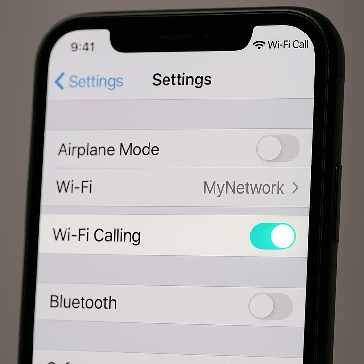 A smartphone settings screen showing the Wi-Fi Calling feature enabled for receiving SMS abroad.