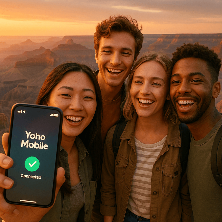 Happy friends using a smartphone with a Yoho Mobile eSIM to take a selfie at the Grand Canyon, demonstrating great connectivity while traveling.