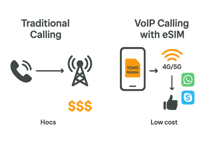 Diagram comparing costly traditional roaming calls to affordable VoIP calls using a data-only eSIM.