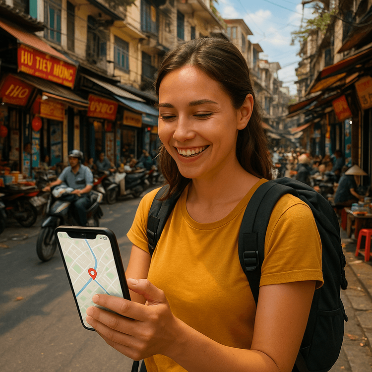 A traveler using her smartphone with a Yoho Mobile eSIM to navigate the vibrant streets of Hanoi's Old Quarter.