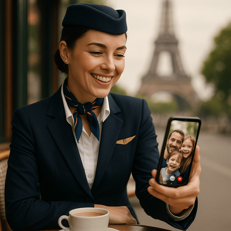 A flight attendant happily video calling her family during a layover in Paris, demonstrating reliable international connectivity.