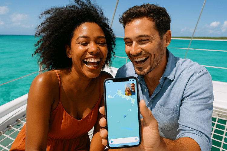 A couple happily using a phone with a Yoho Mobile eSIM to navigate while on a boat in Turks and Caicos.