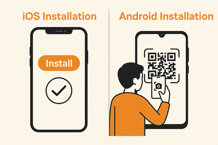 Infographic comparing the simple one-click eSIM installation on iOS versus the QR code scan method for Android devices.
