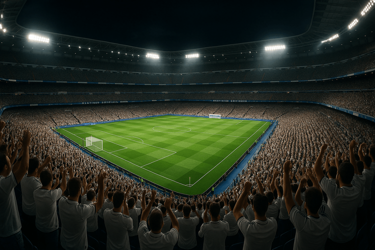 The iconic interior of the Santiago Bernabéu stadium filled with fans before a Real Madrid match.