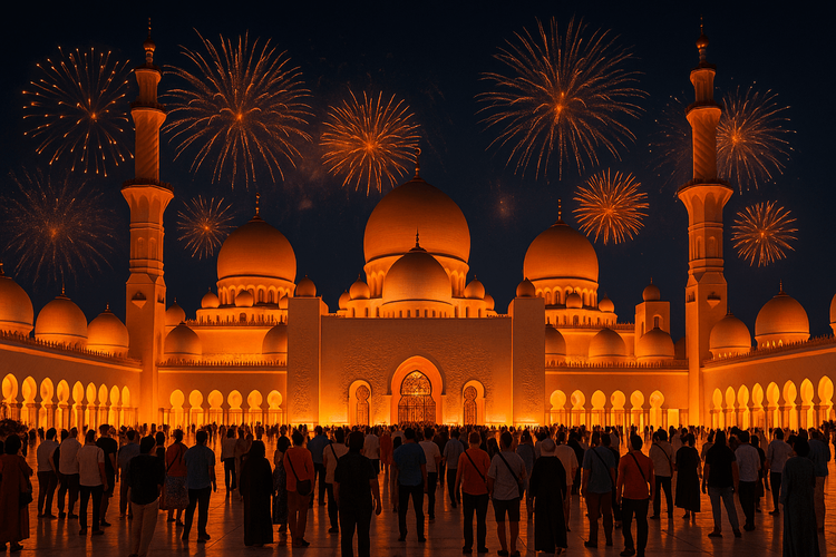 A festive night view of the Sheikh Zayed Grand Mosque during a public holiday in the UAE.
