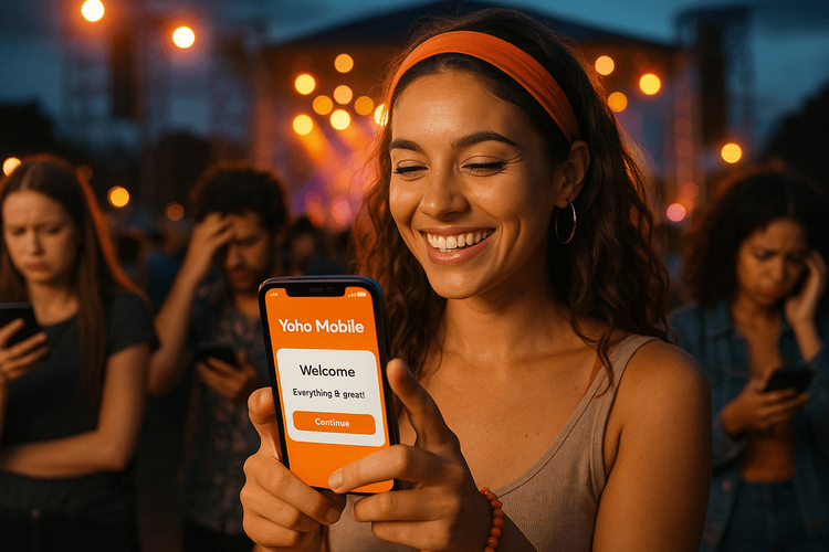 A woman happily using her Yoho Mobile eSIM at a crowded music festival while others struggle with poor signal.