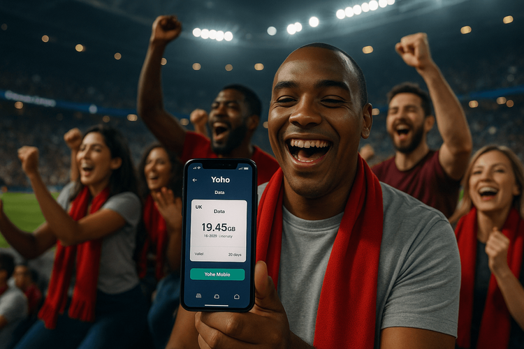 Football fan cheering in a UK stadium while checking their Yoho Mobile eSIM data plan on their smartphone.