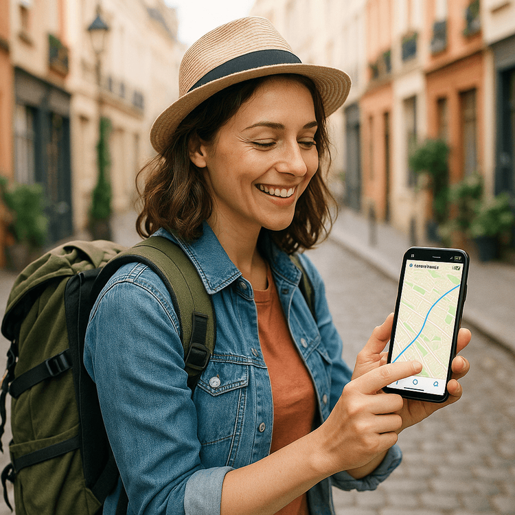 A happy traveler using her phone with a Yoho Mobile eSIM for navigation on a street in Europe.