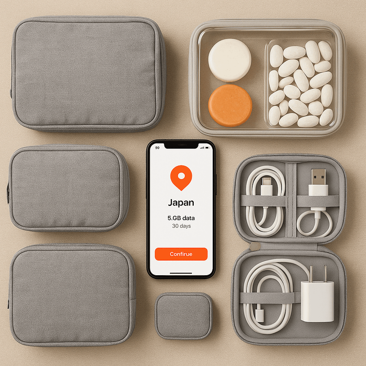 Organized travel essentials including packing cubes, solid toiletries, and a smartphone displaying the Yoho Mobile eSIM app, illustrating a modern packing hack.