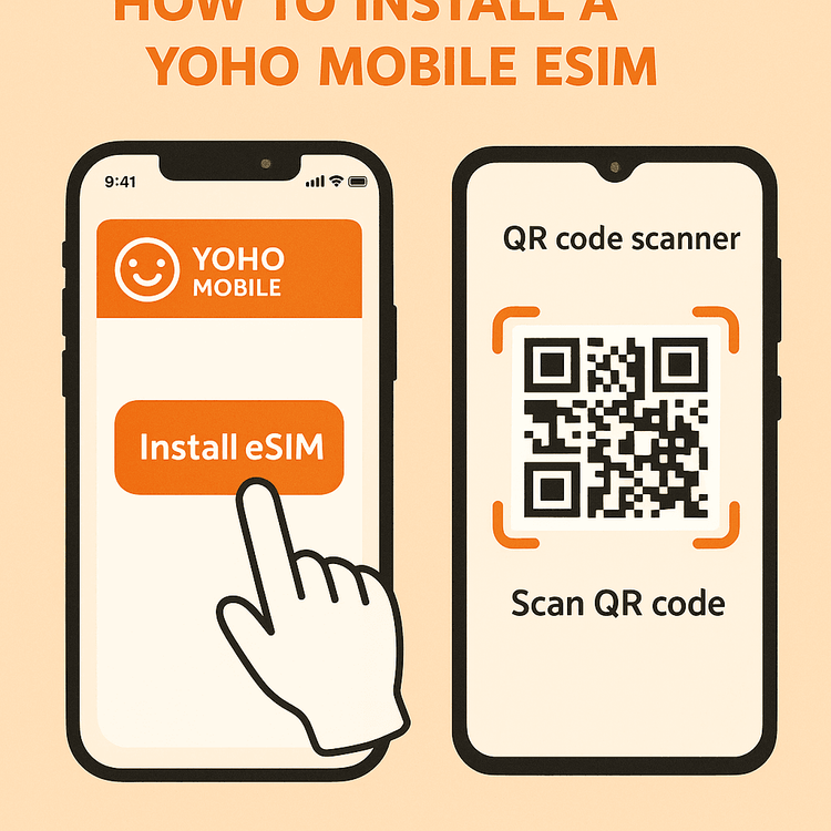 An illustration demonstrating the easy, one-tap installation process for Yoho Mobile eSIM on iOS and the QR code scan method for Android.