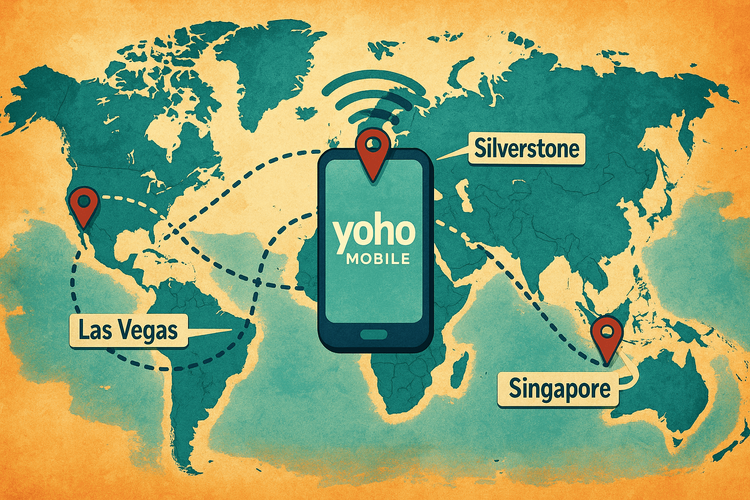 A world map illustrating how Yoho Mobile's global eSIM keeps Formula 1 fans connected across multiple Grand Prix locations.