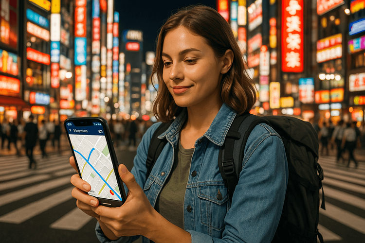A traveler using her Yoho Mobile eSIM for navigation on a smartphone in Tokyo.