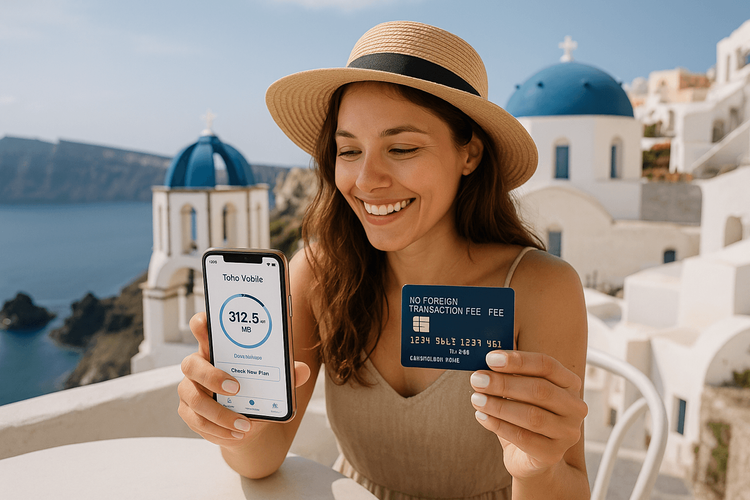 A female traveler in Greece happily using her smartphone with a Yoho Mobile eSIM and holding her travel rewards credit card.