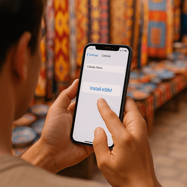 A traveler easily installing a Yoho Mobile eSIM on an iPhone with a blurred Uzbek market in the background.