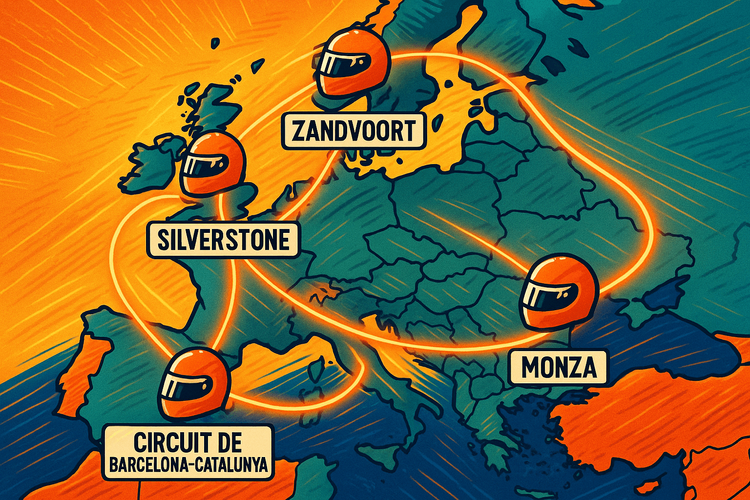 Map of Europe showing F2 race tracks connected by a single eSIM data network.