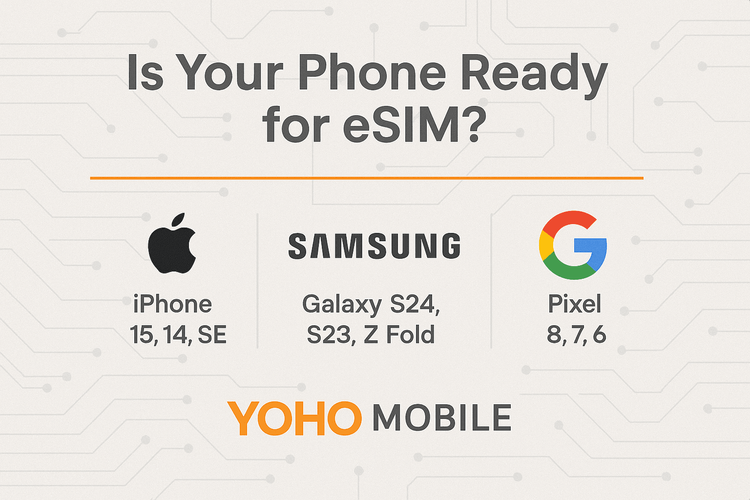 Infographic showing major eSIM compatible brands like Apple, Samsung, and Google Pixel.