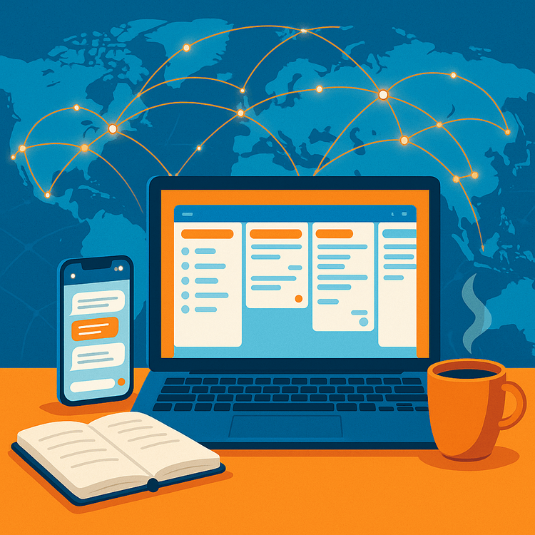 An illustration of a productive digital nomad workspace with a laptop, smartphone, and a world map.