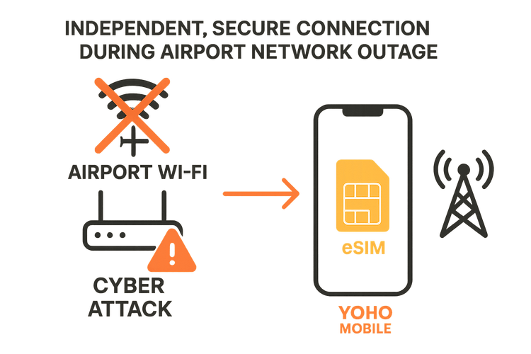 Diagram showing how an eSIM connects to cellular towers, bypassing a compromised airport Wi-Fi network during a cyber attack.