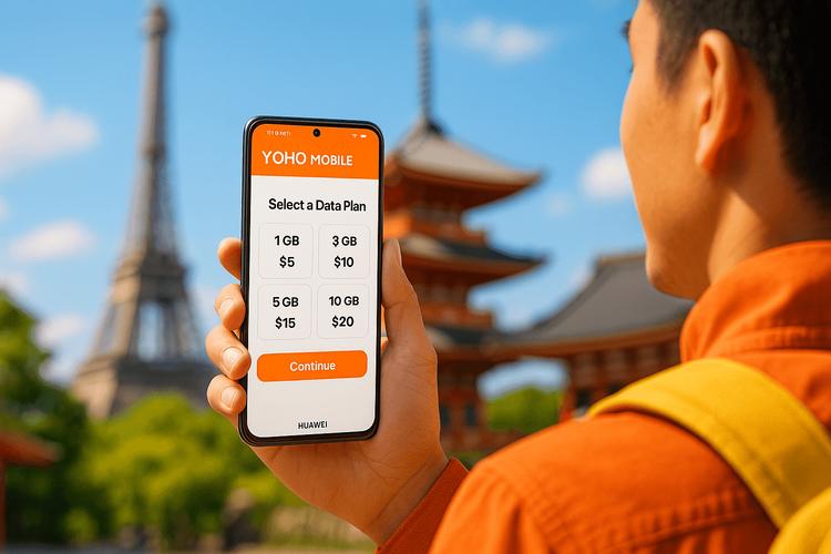 A traveler activating a Yoho Mobile eSIM on their Huawei phone for an international trip.